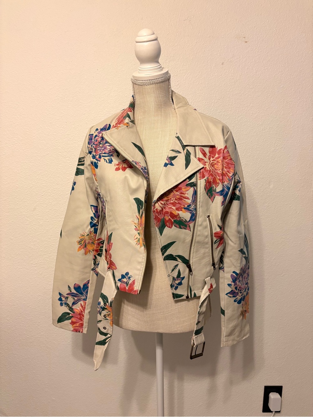 Flying Tomato Cream Floral Moto Jacket with Multicolor Blooms